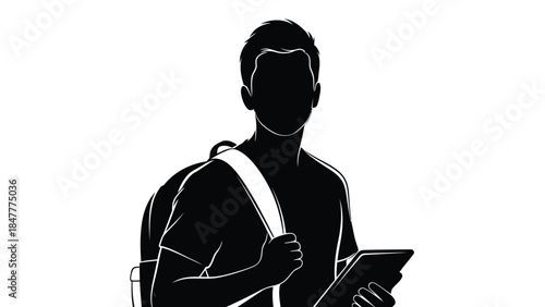 Silhouette of a young man with a backpack and a digital tablet isolated on white background