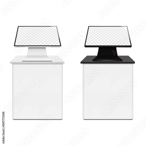 Table with touch screen self-service digital kiosk. Black and white. Realistic 3d vector mockup. Touchscreen desktop computer. Easy editable mock-up. Flat panel monitor blank display stand. Template