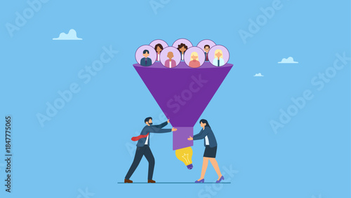 Diverse people in sales and marketing funnel with lightbulb outcome. Marketing funnel or sales conversion, people or employee management, meeting brainstorm for new idea, customer purchase pipeline.
