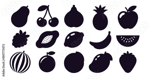 Set of various fruit silhouettes including pear cherry raspberry papaya lemon banana watermelon and more