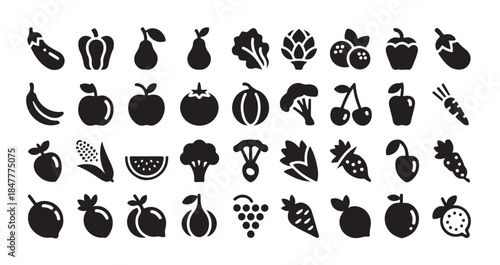 Assortment of dark blue fruit and vegetable icons including banana, apple, pepper, broccoli, corn, and more