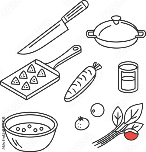 Household kitchen appliances and food delivery service line icons. Blue vector set for culinary education, meal planning apps, and smart home cooking.