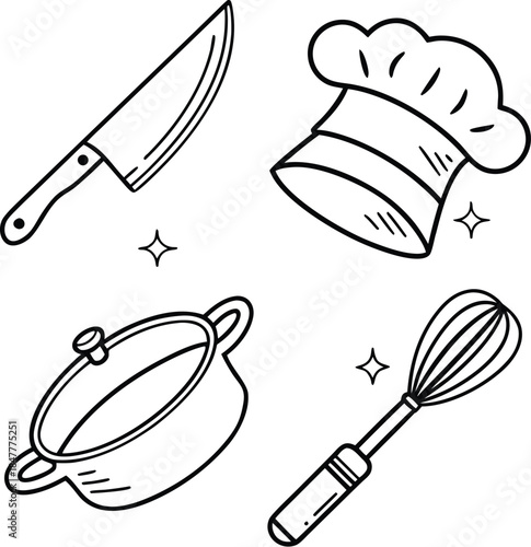 Household kitchen appliances and food delivery service line icons. Blue vector set for culinary education, meal planning apps, and smart home cooking.
