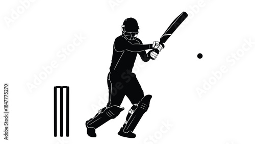 Cricket player silhouette hitting ball with bat isolated on white background