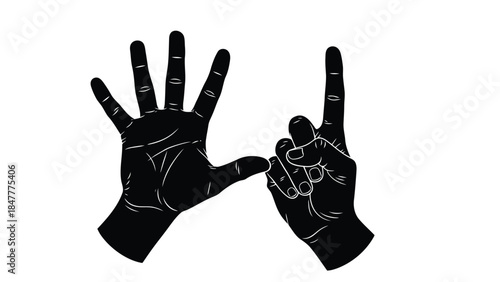 Black silhouette of two hands making rock on sign with fingers in vector illustration isolated on white background