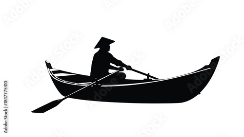 Man in traditional Asian conical hat rows small wooden boat on serene waterway in isolated on white background