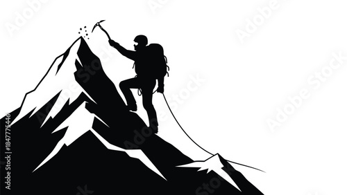 Silhouette of a mountaineer climbing a snowy mountain peak with an ice axe isolated on white background