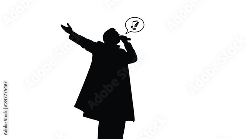 Silhouette of a man singing into a microphone with music note isolated on white background