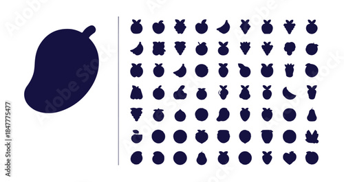 Large collection of fruit silhouette icons on white background illustration for healthy food design