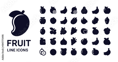 Fruit line icons set illustration with big mango silhouette for healthy and organic food concepts