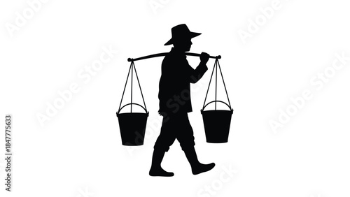 Man walking with buckets on a pole silhouette isolated on white background