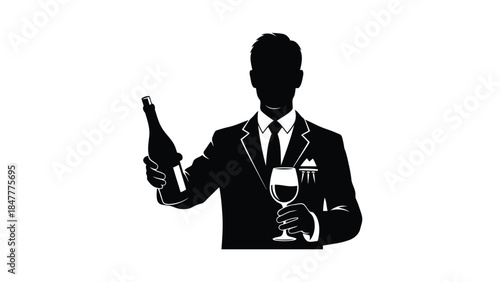 Silhouette of man in suit holding wine bottle and glass isolated on white background