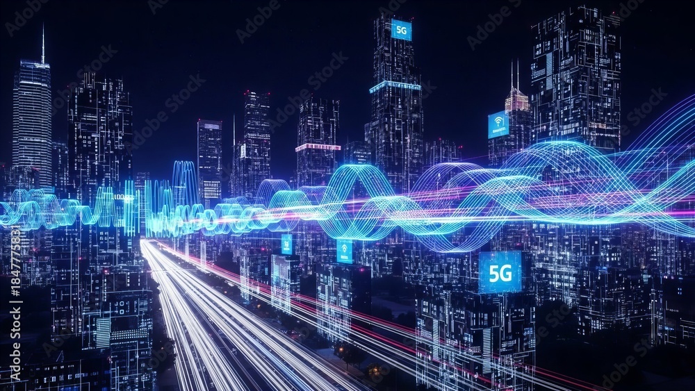 Fototapeta premium A futuristic cityscape at night with highways, buildings, technology, digital data, and the concept of a cybernetic world.