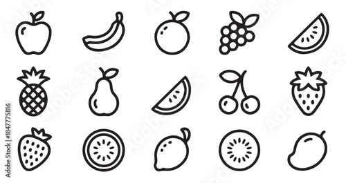 Set of outline fruit icons in thin line style on white background. minimalistic food symbols collection