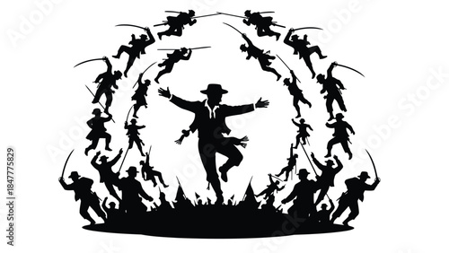 Silhouette of a man dancing surrounded by ninjas in a circular motion Vector illustration isolated on white background