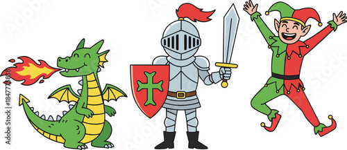 Cute cartoon vector illustration of a fire-breathing green dragon, a brave knight in shining armor, and a happy jumping elf jester.
