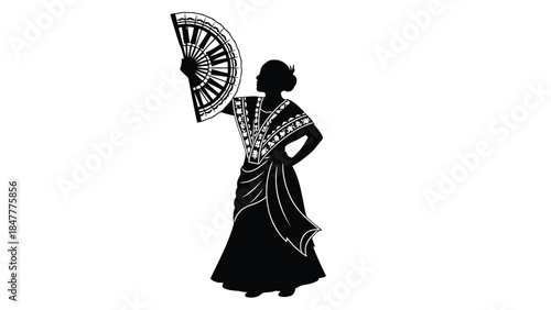 Silhouette of woman in traditional dress holding fan Vector illustration isolated on white background