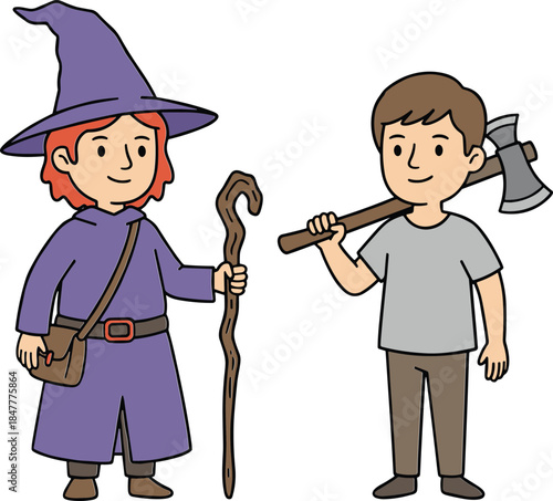 Cute cartoon vector illustration of a friendly wizard with a purple robe and a magic staff standing next to a woodcutter holding a large axe.