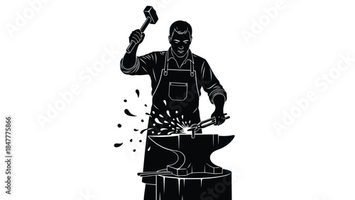 Black silhouette of a man hammering at an anvil with sparks flying isolated on white background