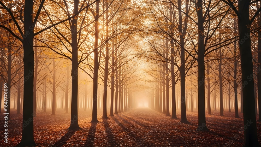 Fototapeta premium A serene forest path at sunrise with trees and autumn leaves