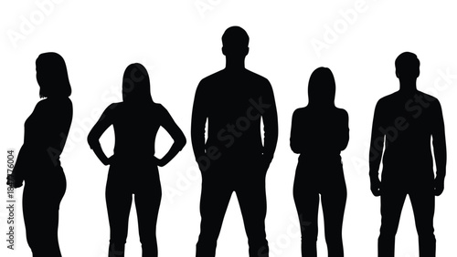 A diverse group of people represented by silhouettes standing in a line on a white background