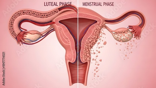 Ultra-clear 3D medical illustration of the human uterus during the luteal and menstrual phase, showing shedding endometrial lining, uterine cavity changes, and reduced blood vessels. Soft pink backgro