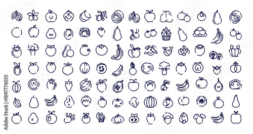 Hand drawn doodle fruit and vegetable icon set isolated on a white background with many food elements