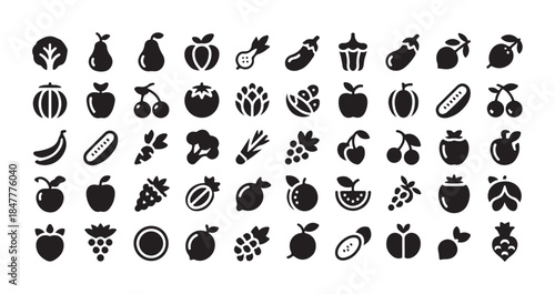 Vegetable and fruit icon set isolated on a white background includes many food elements