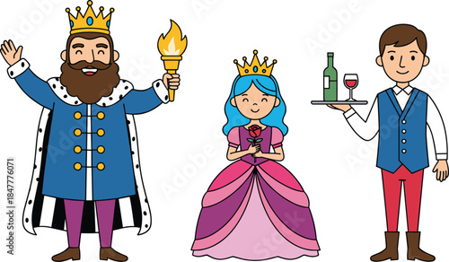 Group of royal and service-themed cartoon people: king in a blue cape, queen in a crown, and butler with a bottle and glass.