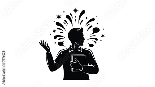Silhouette of man with book and hand up surrounded by stars and splashes isolated on white background