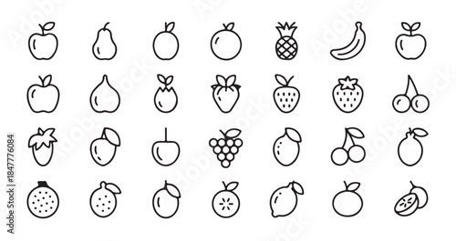 Outline fruit icon set isolated on a white background includes many different food elements for design