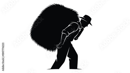 Man carrying large fur bundle on back in silhouette isolated on white background