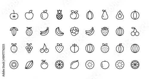 A large collection of various outline fruit icons including apple pineapple banana strawberry cherry kiwi orange lemon