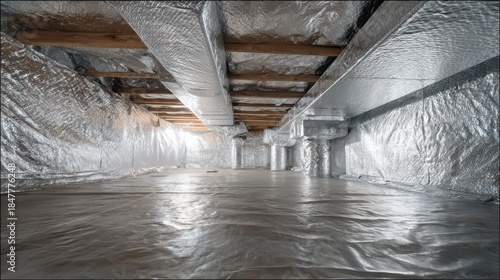 Basement crawl space sealed for energy savings: reflective thermal blankets and rigid dimple board