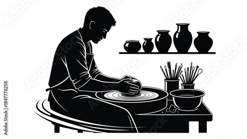 Man working on pottery wheel making ceramic vase silhouette vector illustration isolated on white background