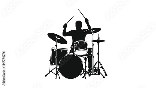 Black silhouette of a drummer playing a drum set with sticks on , vector illustration isolated on white background