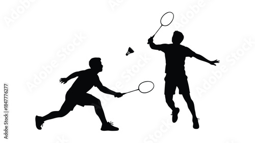Two badminton players in dynamic action silhouette isolated on white background