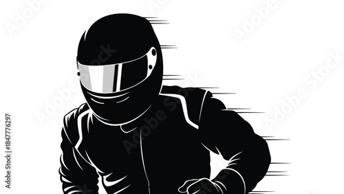 Black silhouette of racing motorcyclist wearing helmet and leather jacket, speeding, isolated on white background