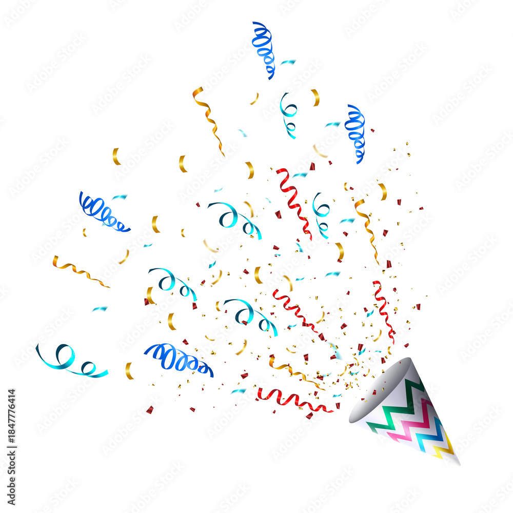 Obraz premium Angled Party Popper Cone Explosion With Flying Ribbons And Glitter Pieces Celebration Illustration