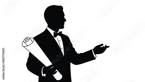 Silhouette of a waiter holding a menu and pointing isolated on white background