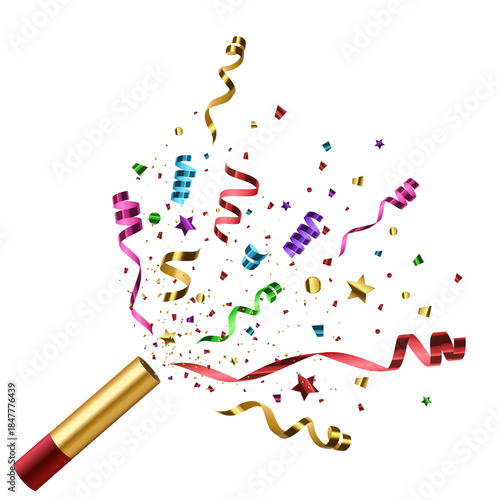 Party Popper With Diagonal Spray Of Multicolor Streamers And Confetti Isolated On Transparent Background