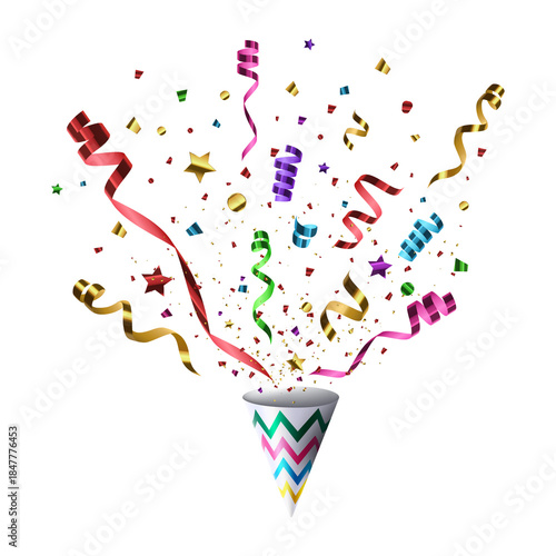 Party Popper Cone With Colorful Streamers And Confetti Burst On Transparent Background