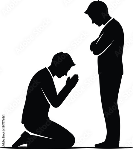 Authority and pleading icon set, black silhouette illustration of emotional interaction, submission and judgment posture concept graphic