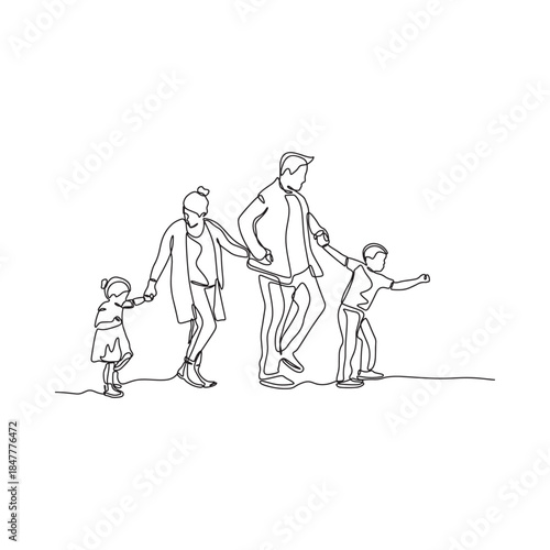 A simple line drawing depicts a family of four walking together happily