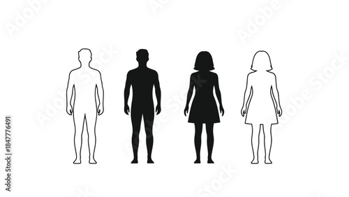 Minimalist vector illustration of male and female figures in outline and silhouette forms