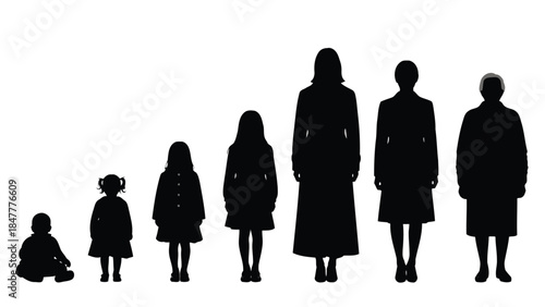 Silhouettes showing a woman's journey through different life stages from baby to senior