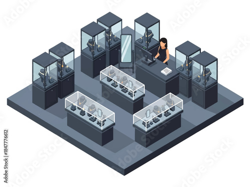 Isometric 3D view of a luxury jewelry store interior featuring elegant display cases and premium retail ambiance, perfect for luxury branding and high-end shopping concepts