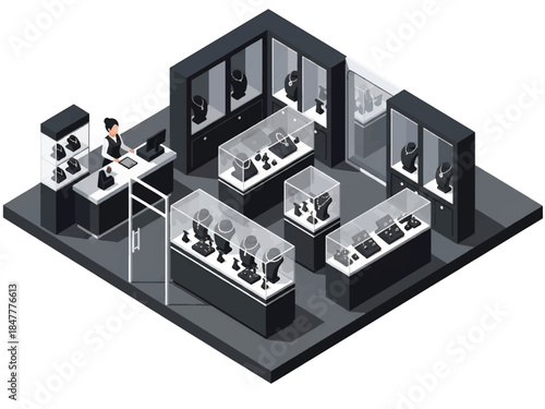 Isometric 3D view of a luxury jewelry store interior featuring elegant display cases and premium retail ambiance, perfect for luxury branding and high-end shopping concepts
