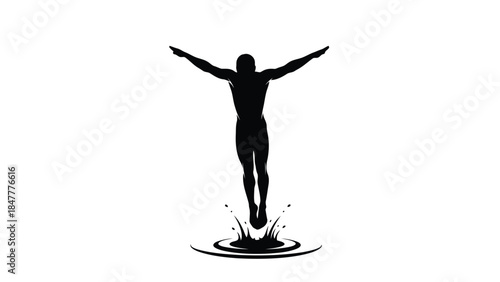 Silhouette of a person jumping into water with arms outstretched in minimalist black and isolated on white background
