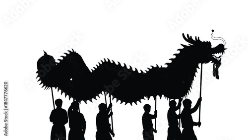 Silhouette of dragon dance performance with people holding poles isolated on white background
